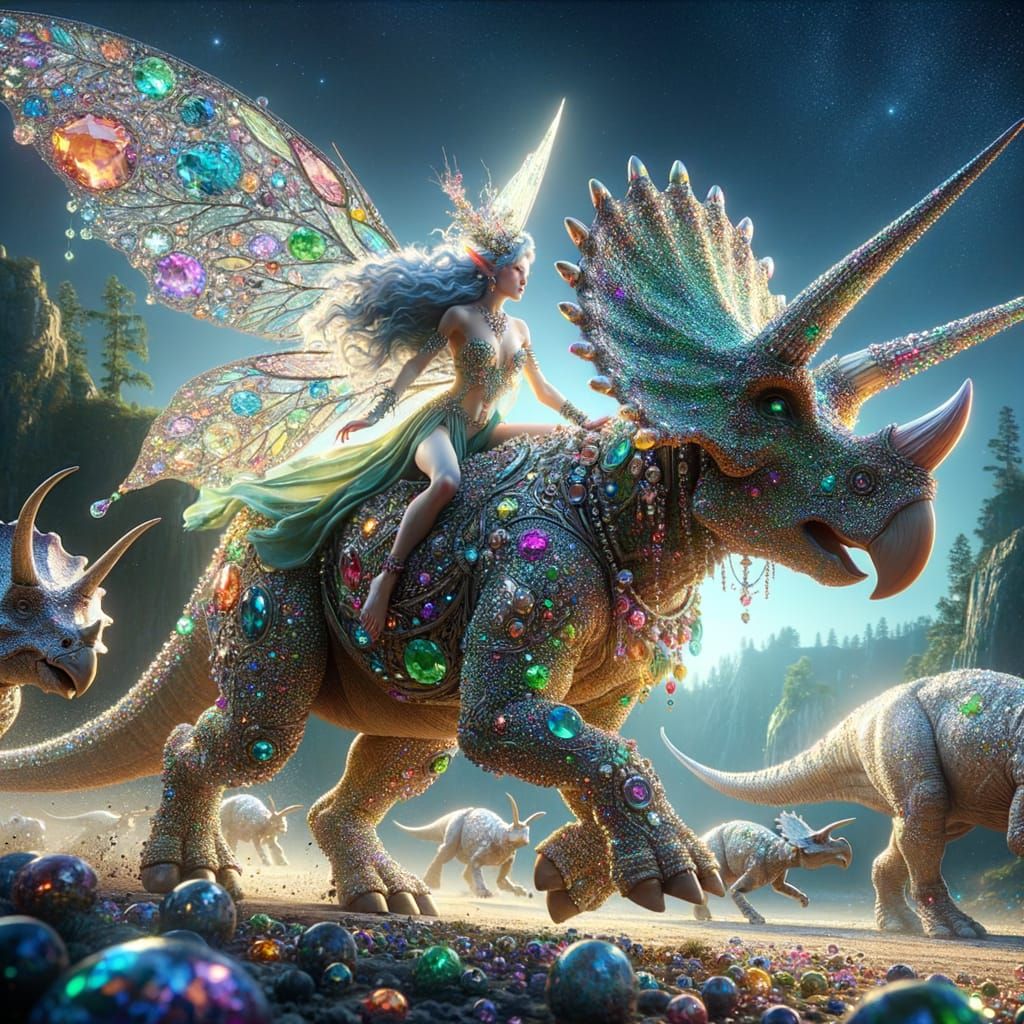 Pixie Elf Goddess Rides Jewel-Encrusted Triceratops through....