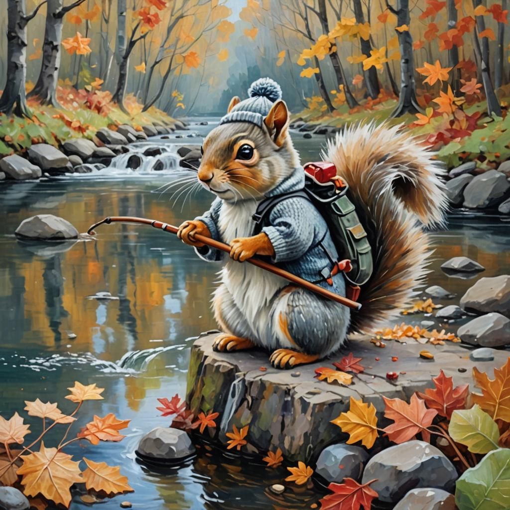 Squirrel in Knitted Hat Autumn Scene: Expressionist Oil Pain...