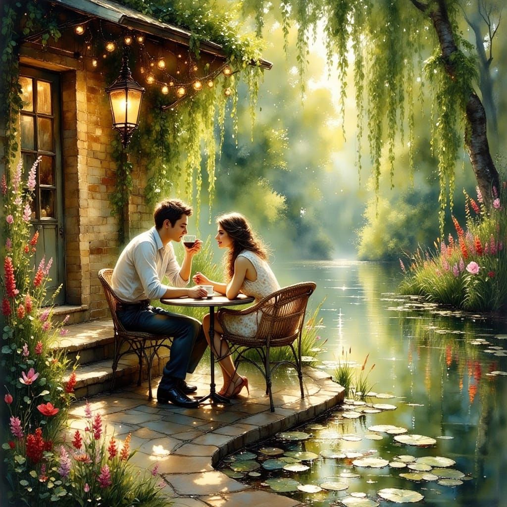 Cafe Scene with Couple in Impressionist Style