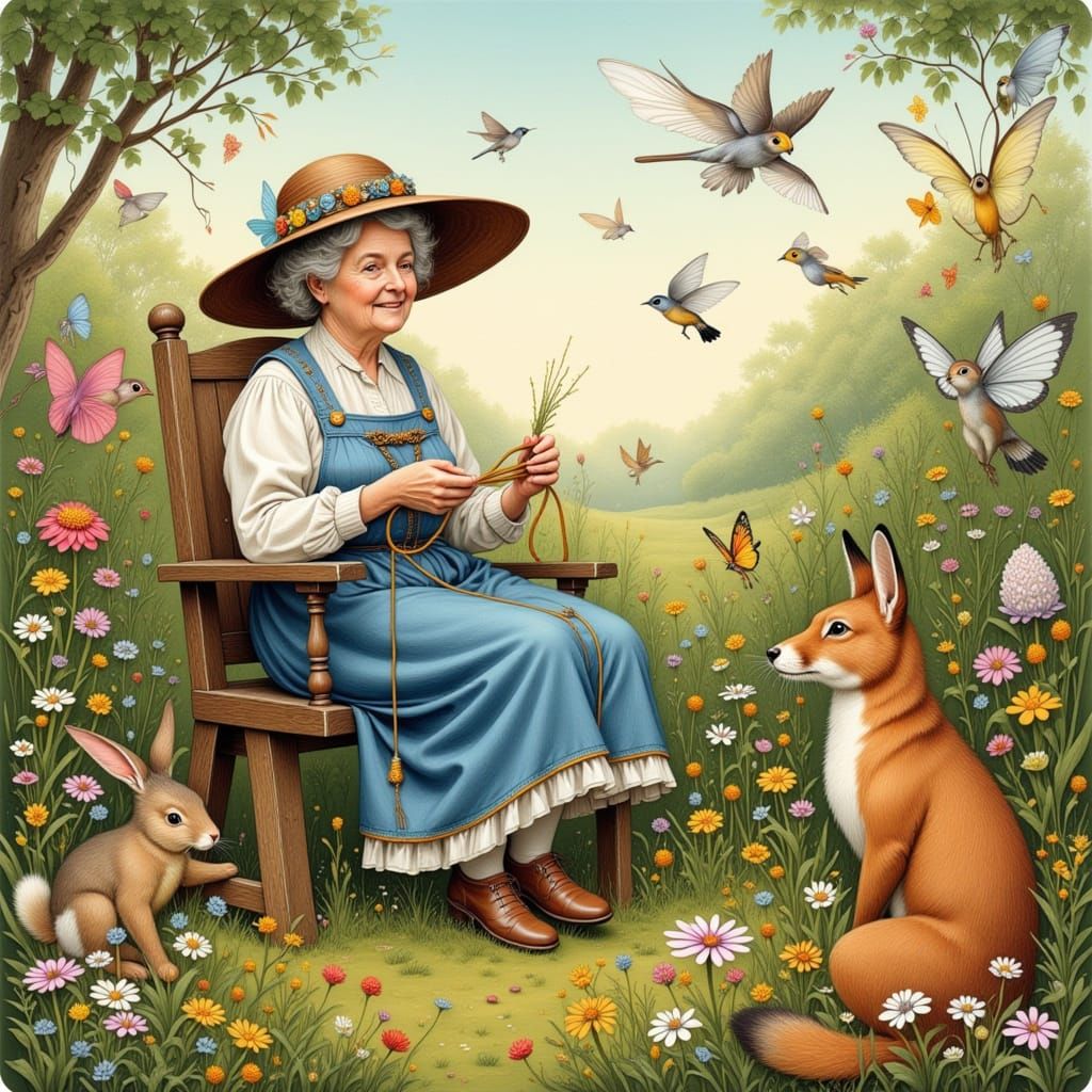 Grandma Tilly in Whimsical Folk-Art Garden