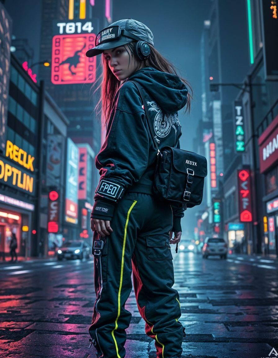 Edgy Cyberpunk Girl in Neon City, Photorealistic