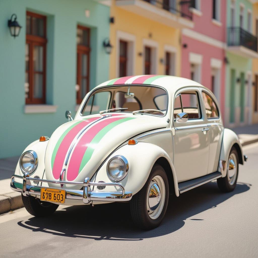 Classic White VW Beetle with Pink and Green Bonnet