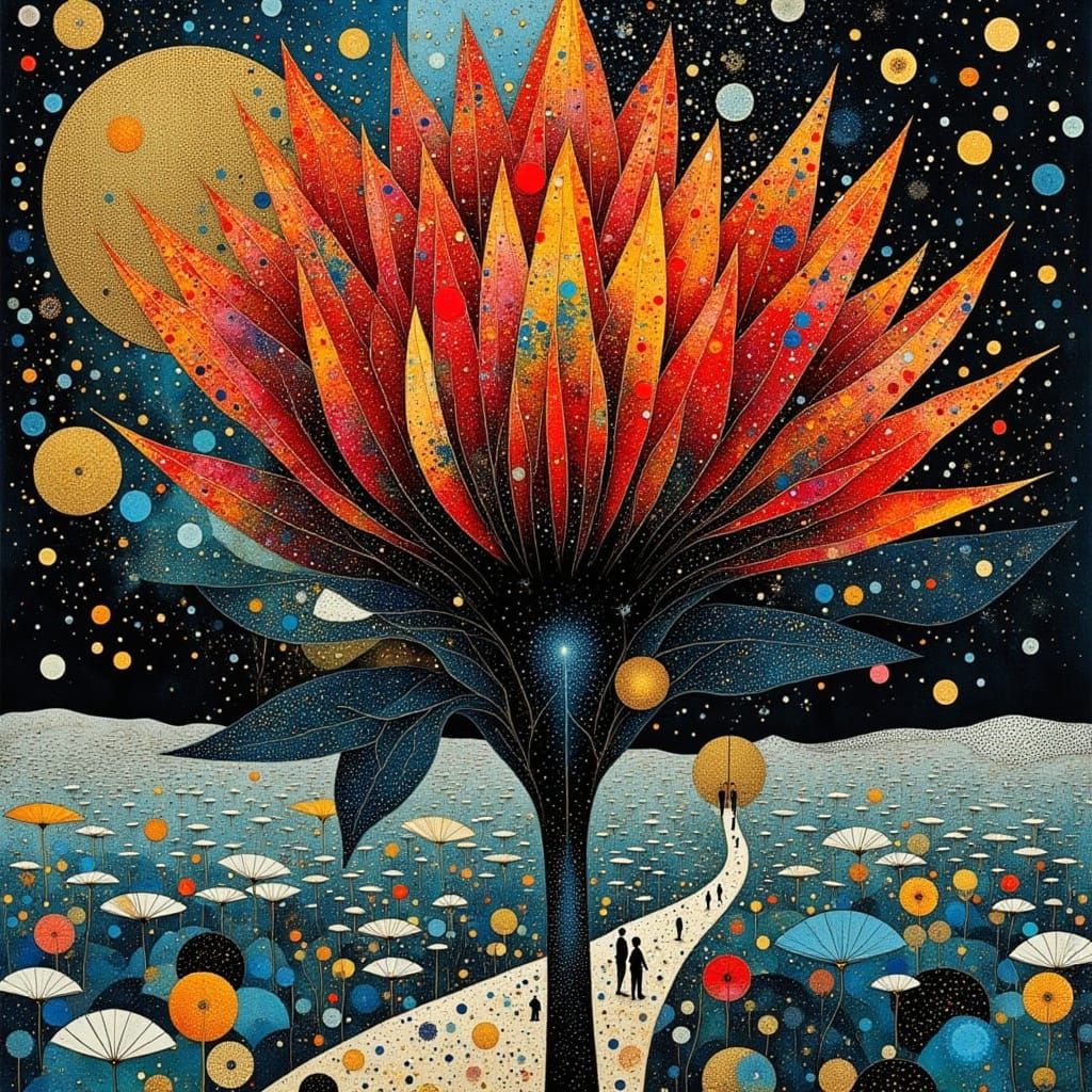 Escher Landscape with Polka Dots and Fire Flower