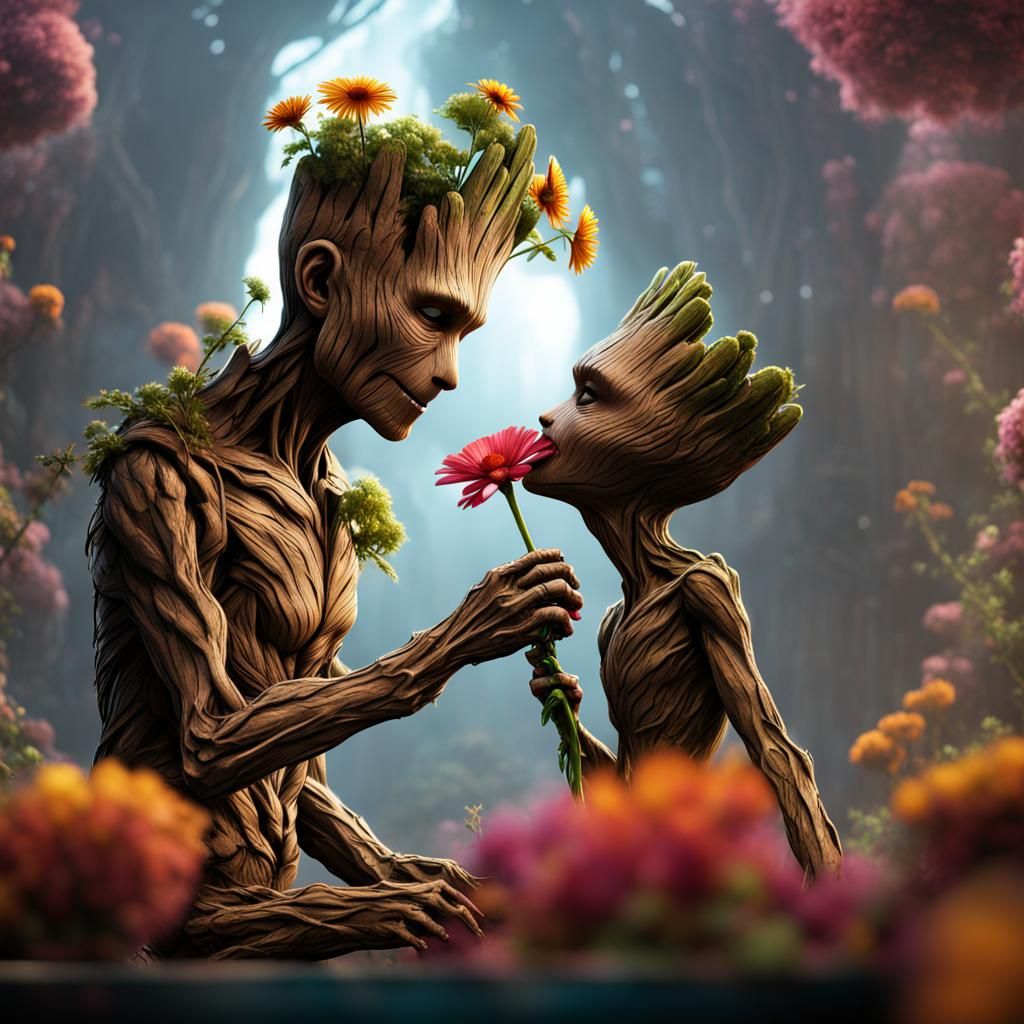 Groot Kisses a Flower: Detailed Fantasy Concept Art