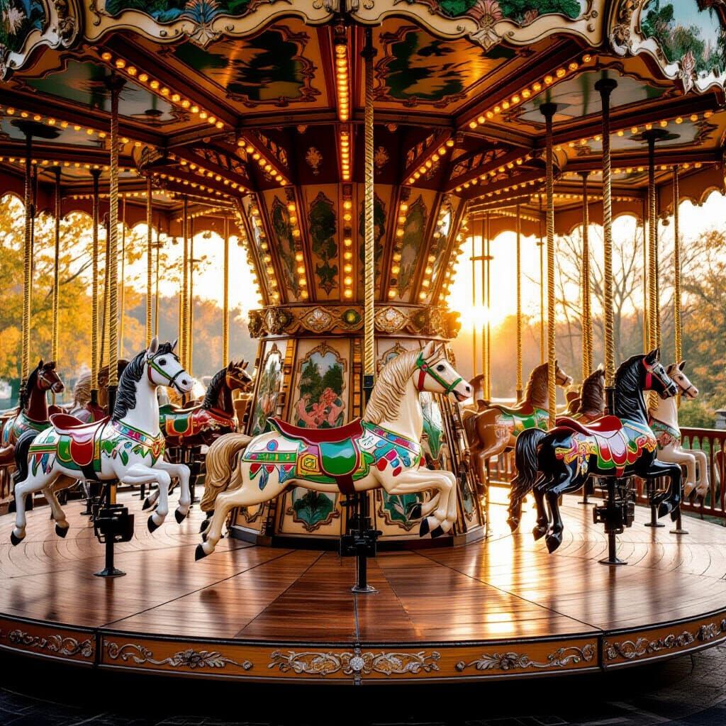 Majestic Wooden Carousel in Golden Hour Light