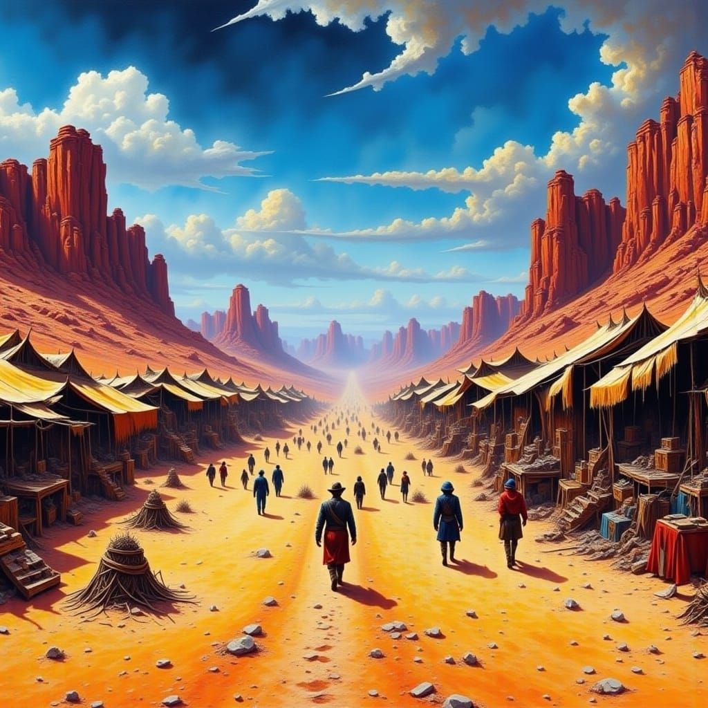 Hyperdetailed Desert Bazaar with Buyers and Sellers