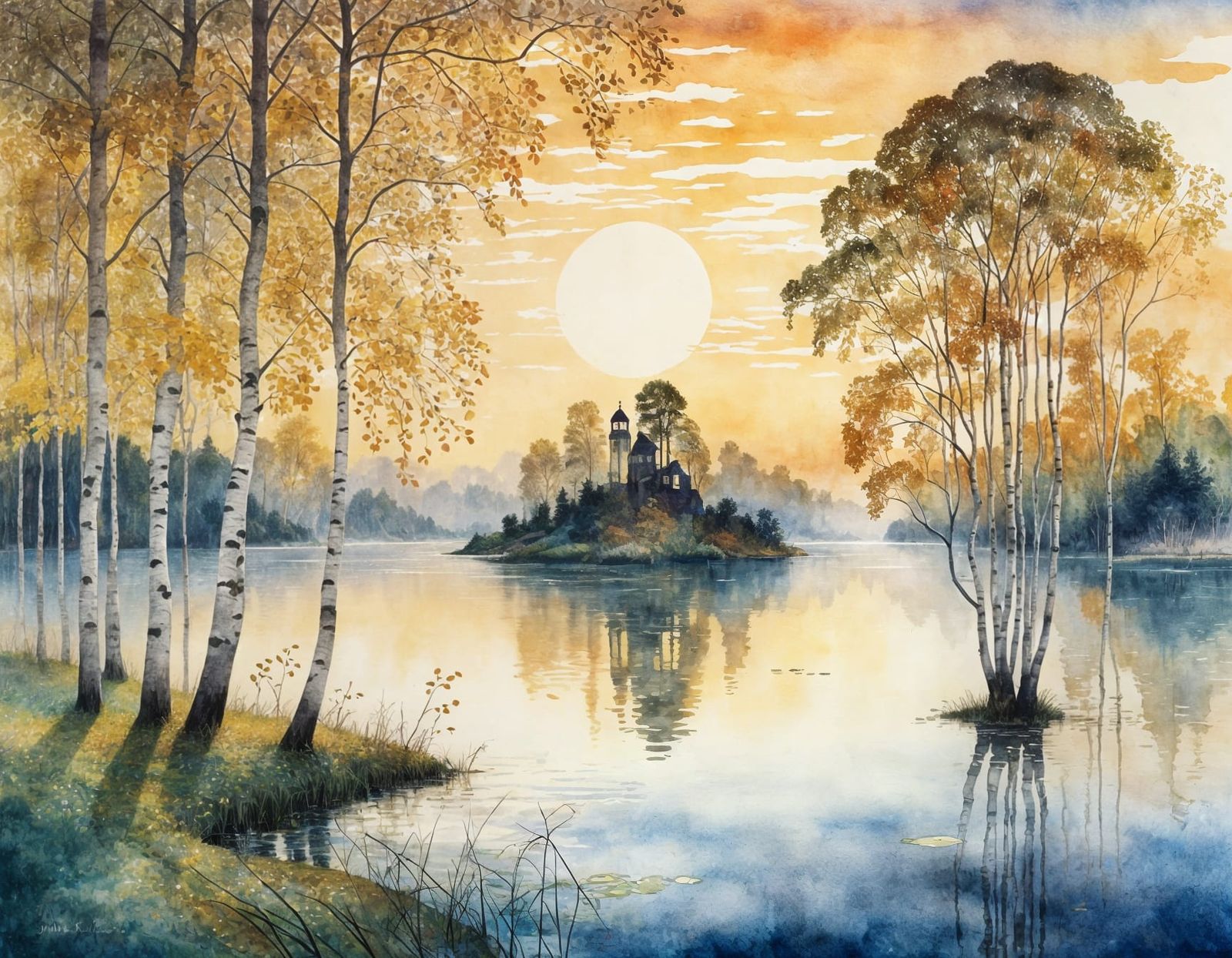 Lost Island Sunrise: Klimt-Style Watercolor Painting