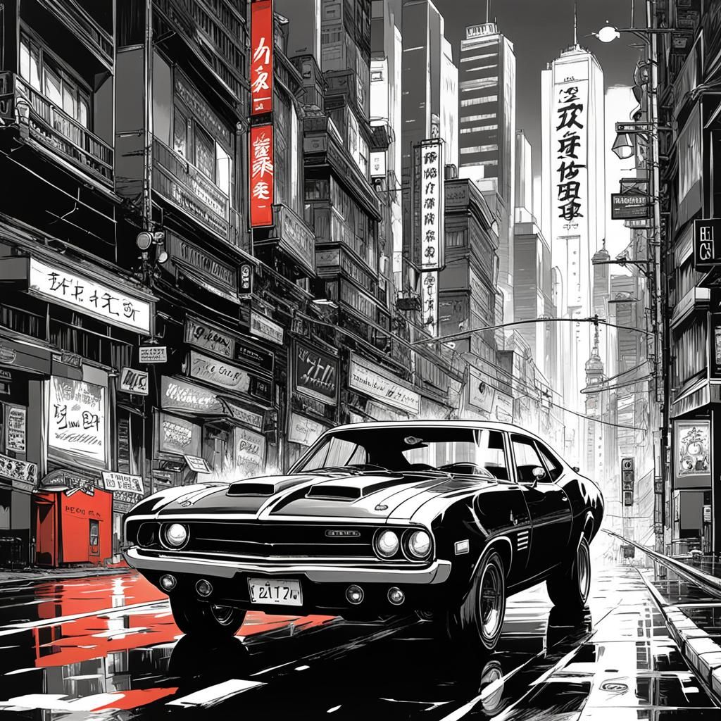 Red Muscle Car in Anime-Style Black and White City