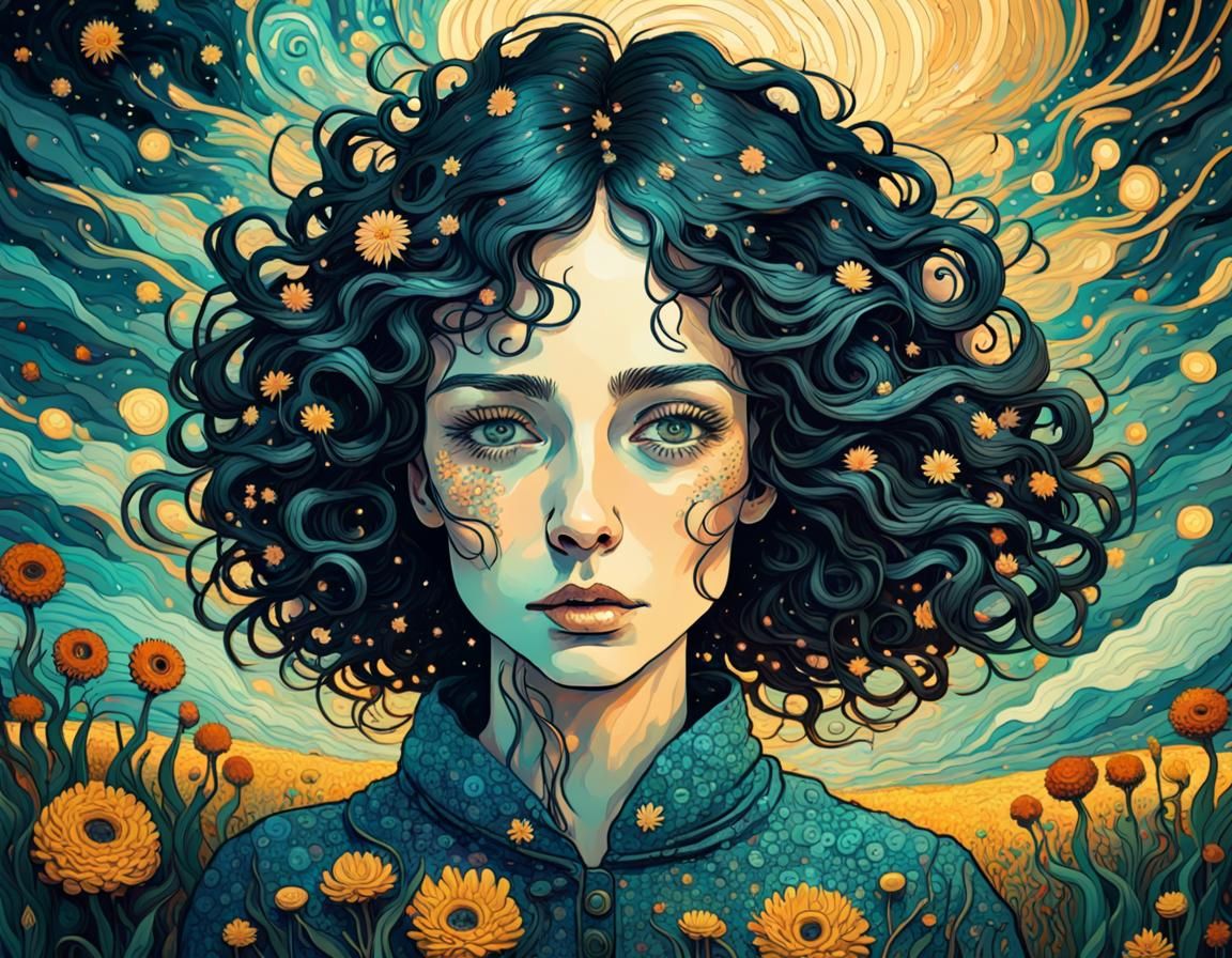 Woman in Flower Field: Klimt, Van Gogh, Eads Styles