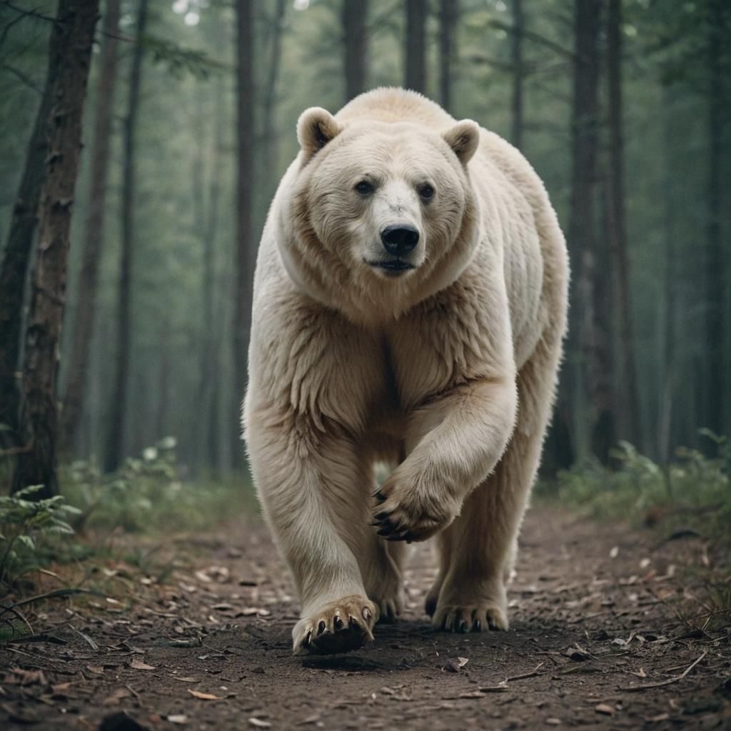 Dramatic Film Still of a White Four-Legged Bear