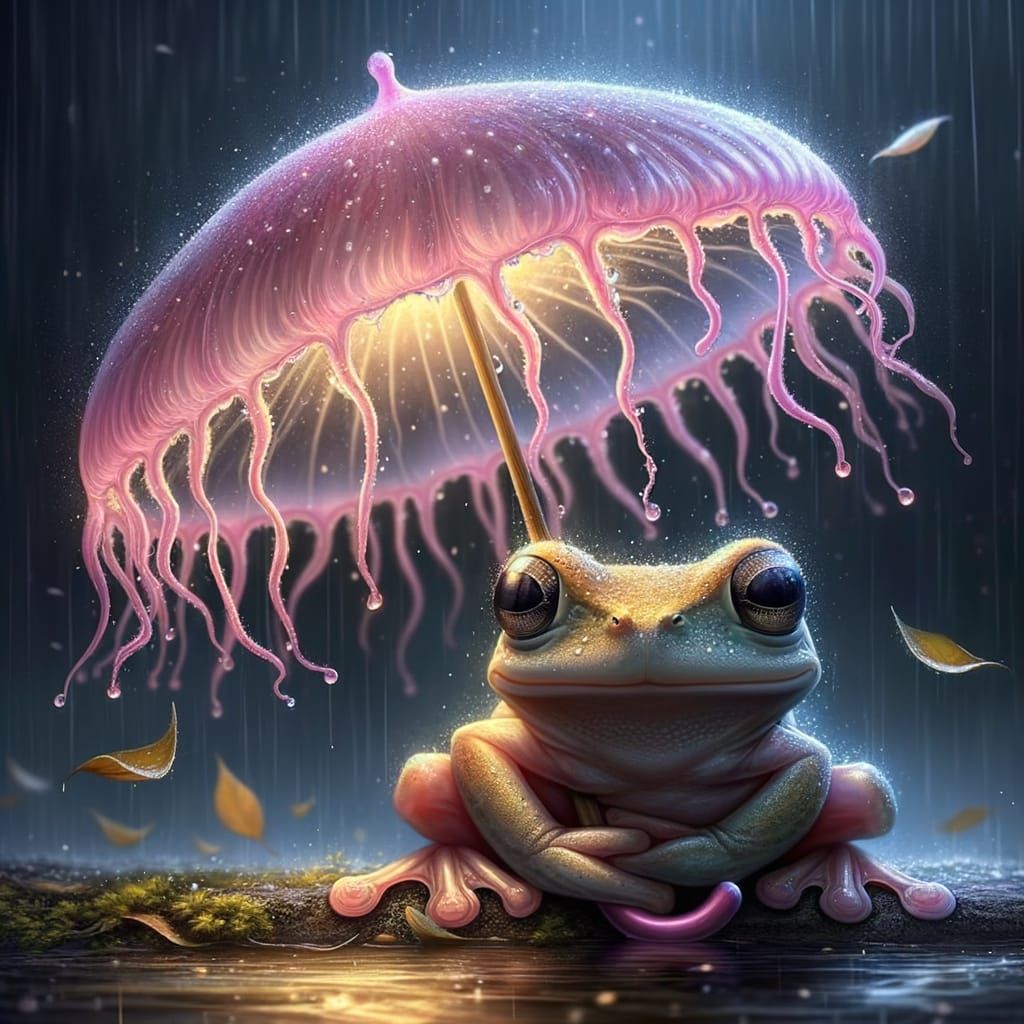 Frog with Jellyfish Umbrella in Rainy Landscape
