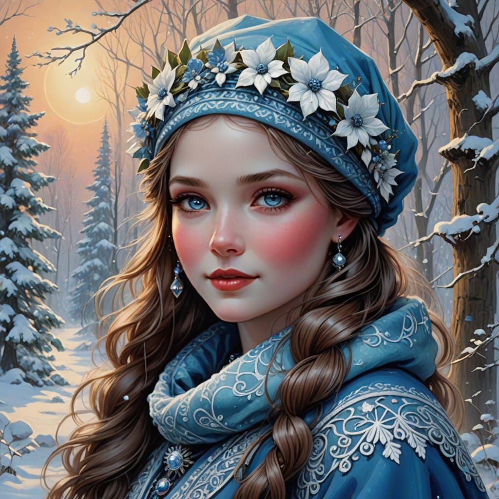 Enchanting Snow Girl in Whimsical Winter Illustration