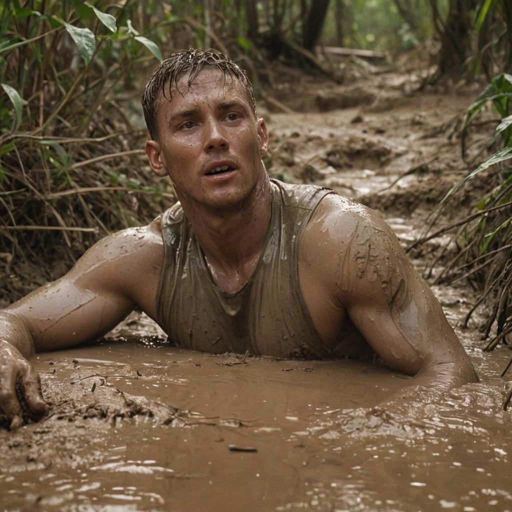 Soldier Sinking into Quicksand: Cinematic Film Still