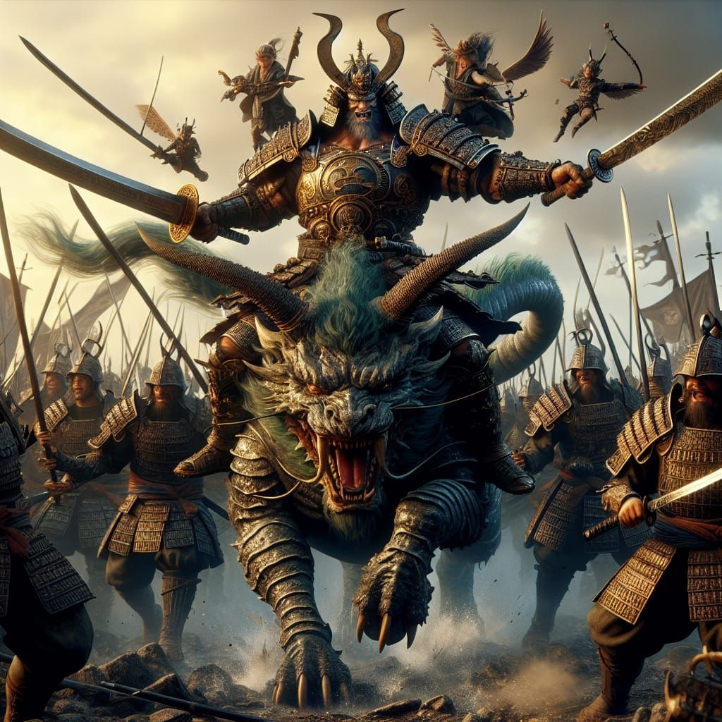 Fantasy Samurai on Kirin in Epic Battle Scene