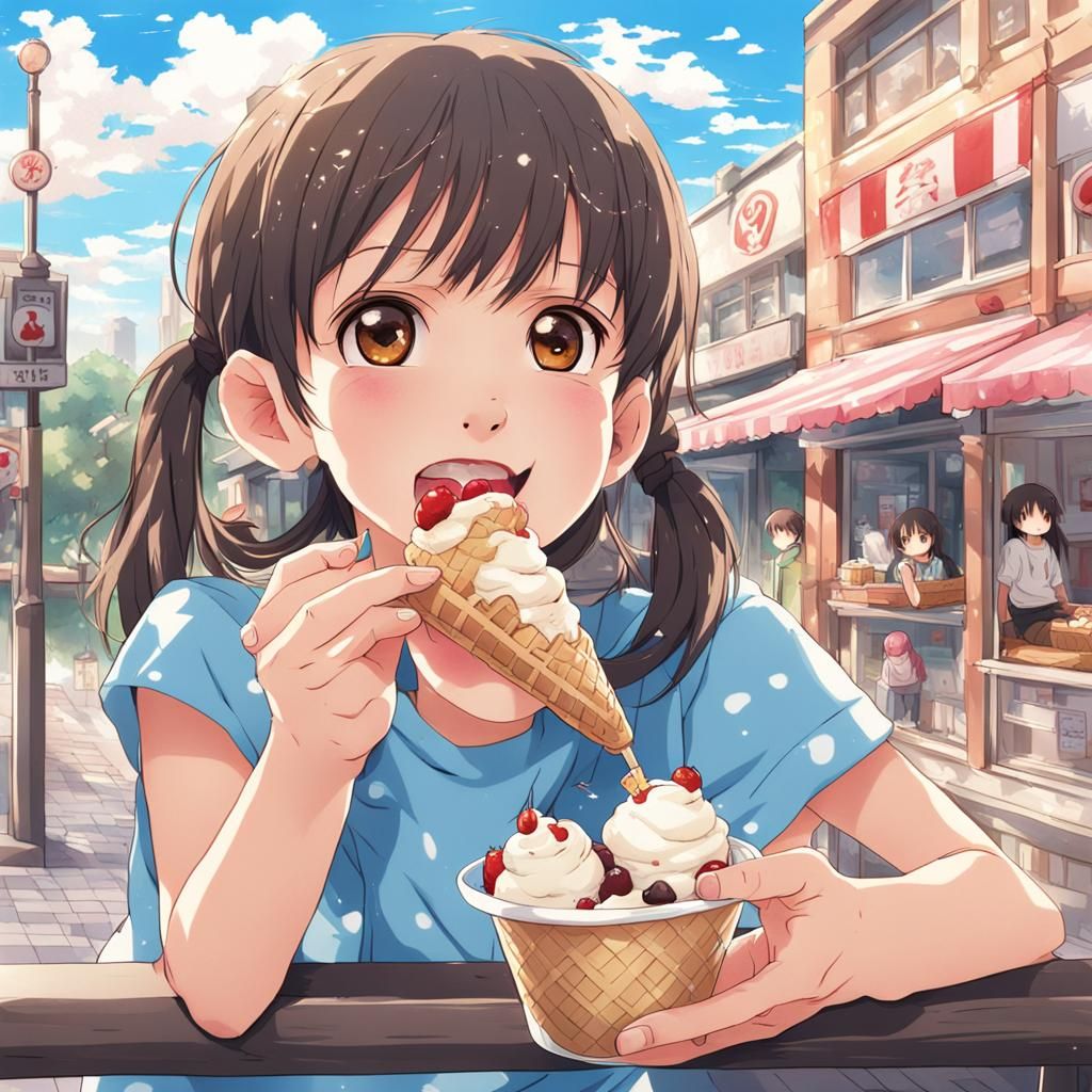 Girl Eating Ice Cream in Anime Style