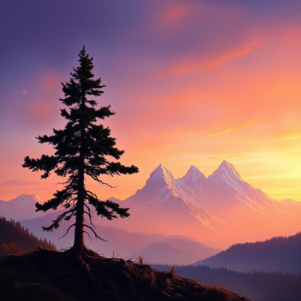 Sunset Mountains Over Inland Landscape in Romantic Style