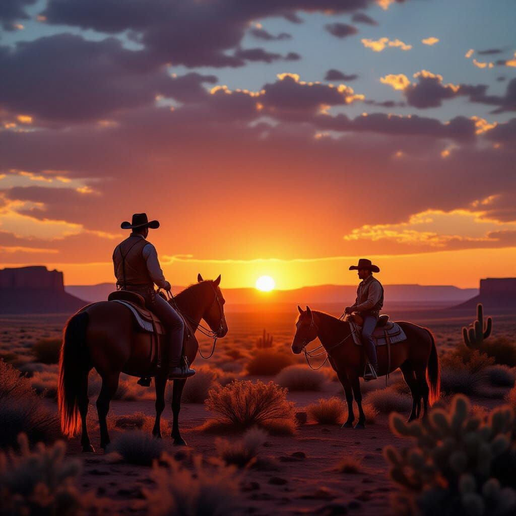 Cowboy Silhouetted Against Fiery Desert Sunset in Western Fi...
