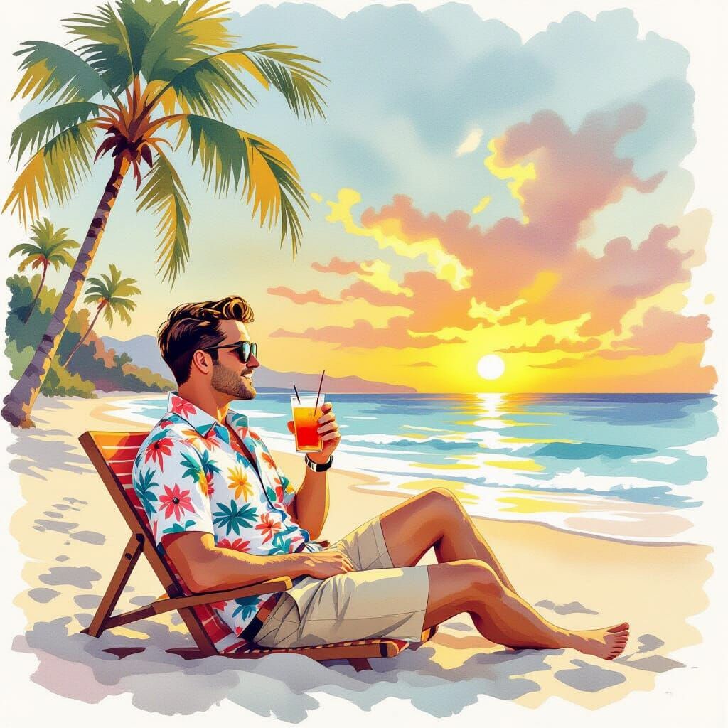 Man on Beach at Sunset in Watercolor Style