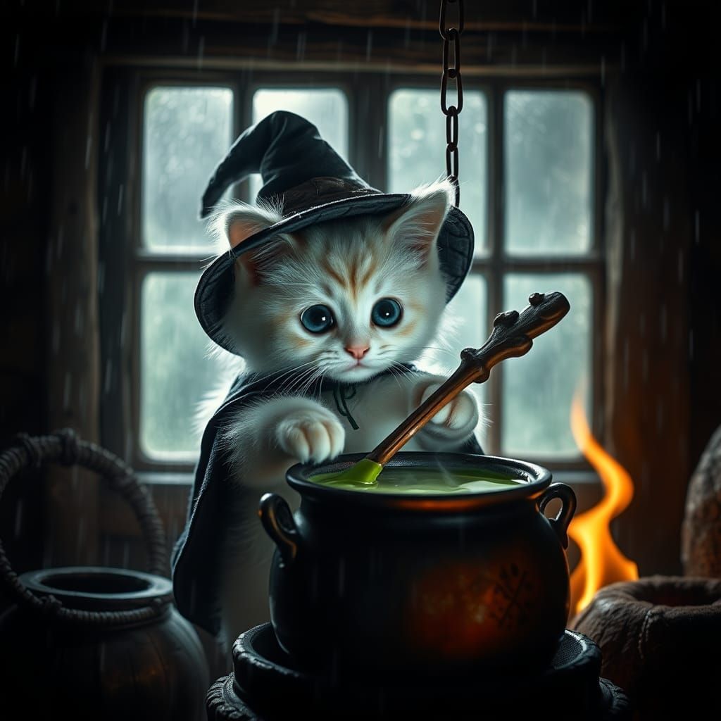 Kitten Witch Stirring Potion in Cabin