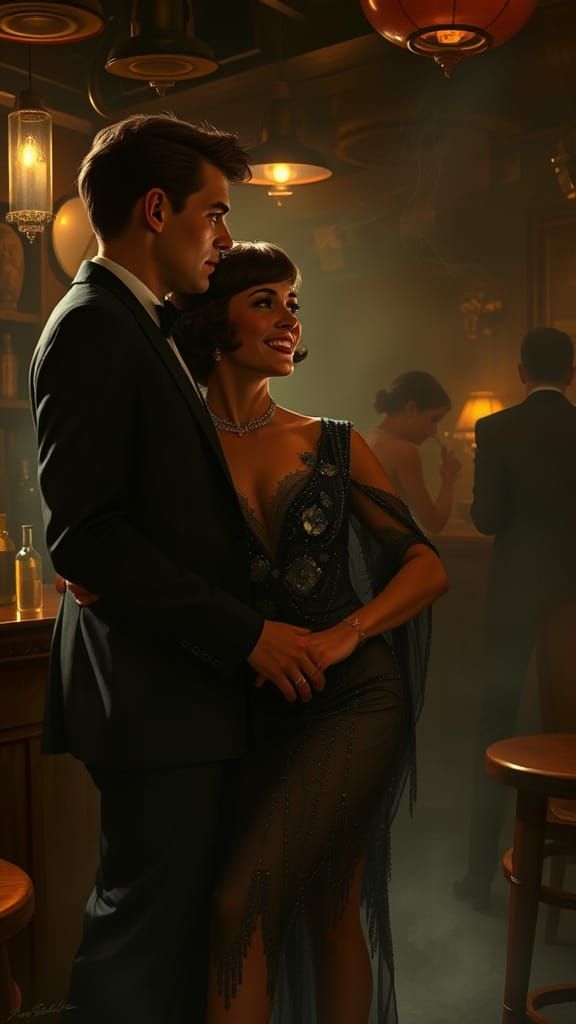 Flapper in Smoky Speakeasy, Noir Painting Style