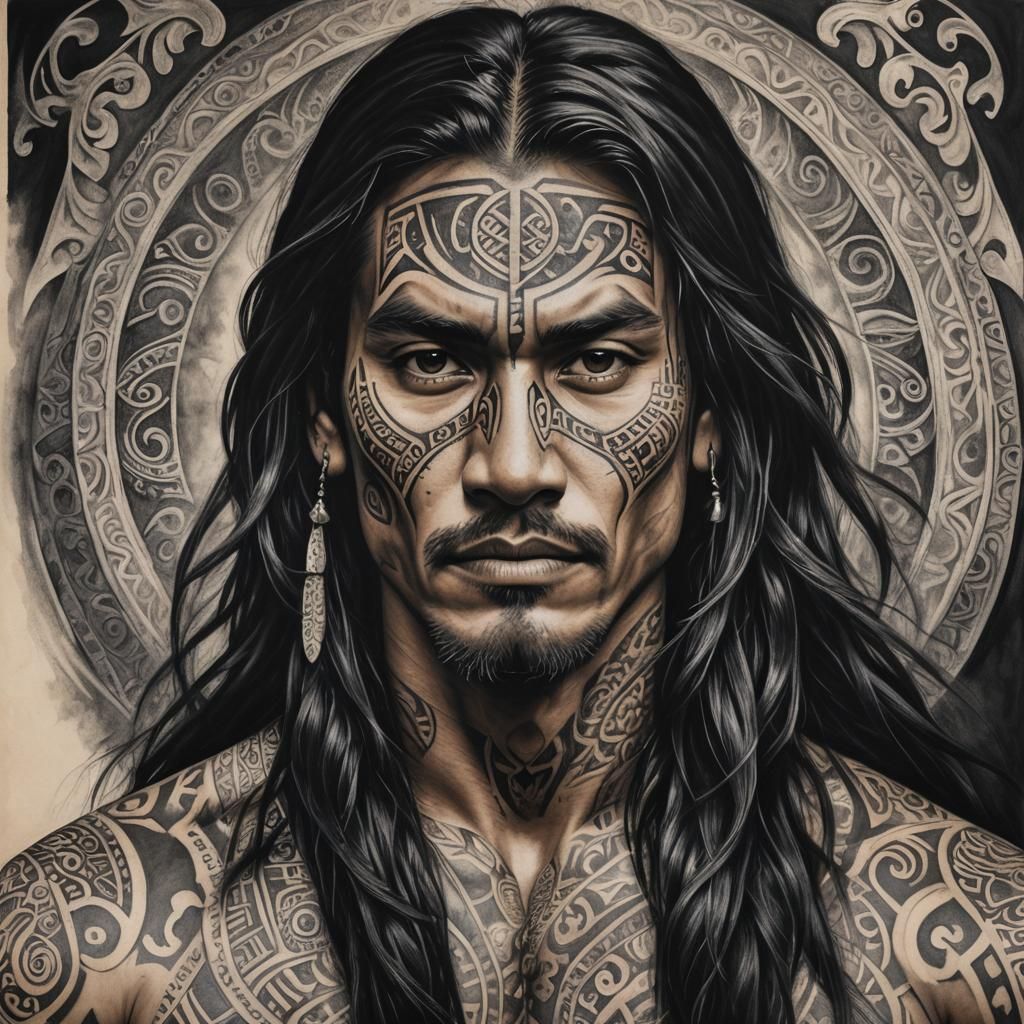 Maori Man Portrait with Face Tattoos in Charcoal