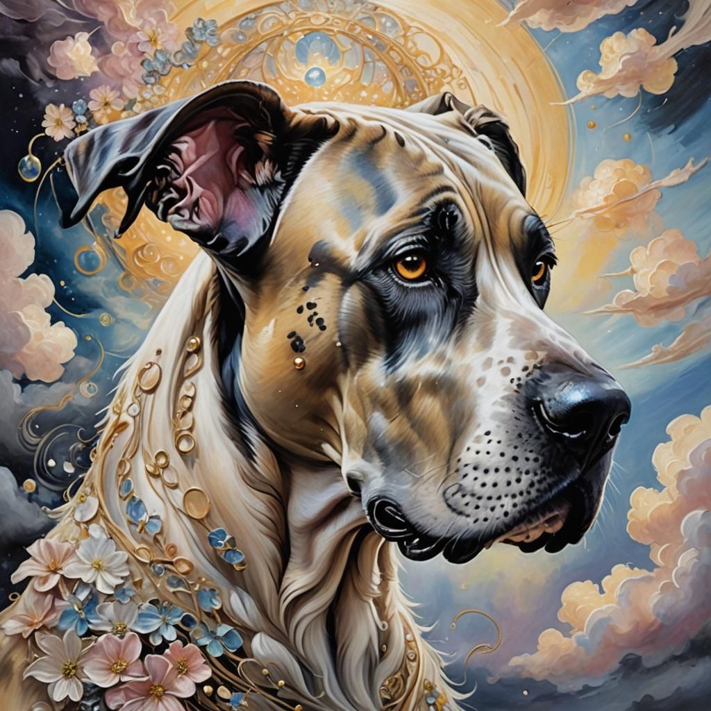 Divine Great Dane in Ethereal Oil Painting