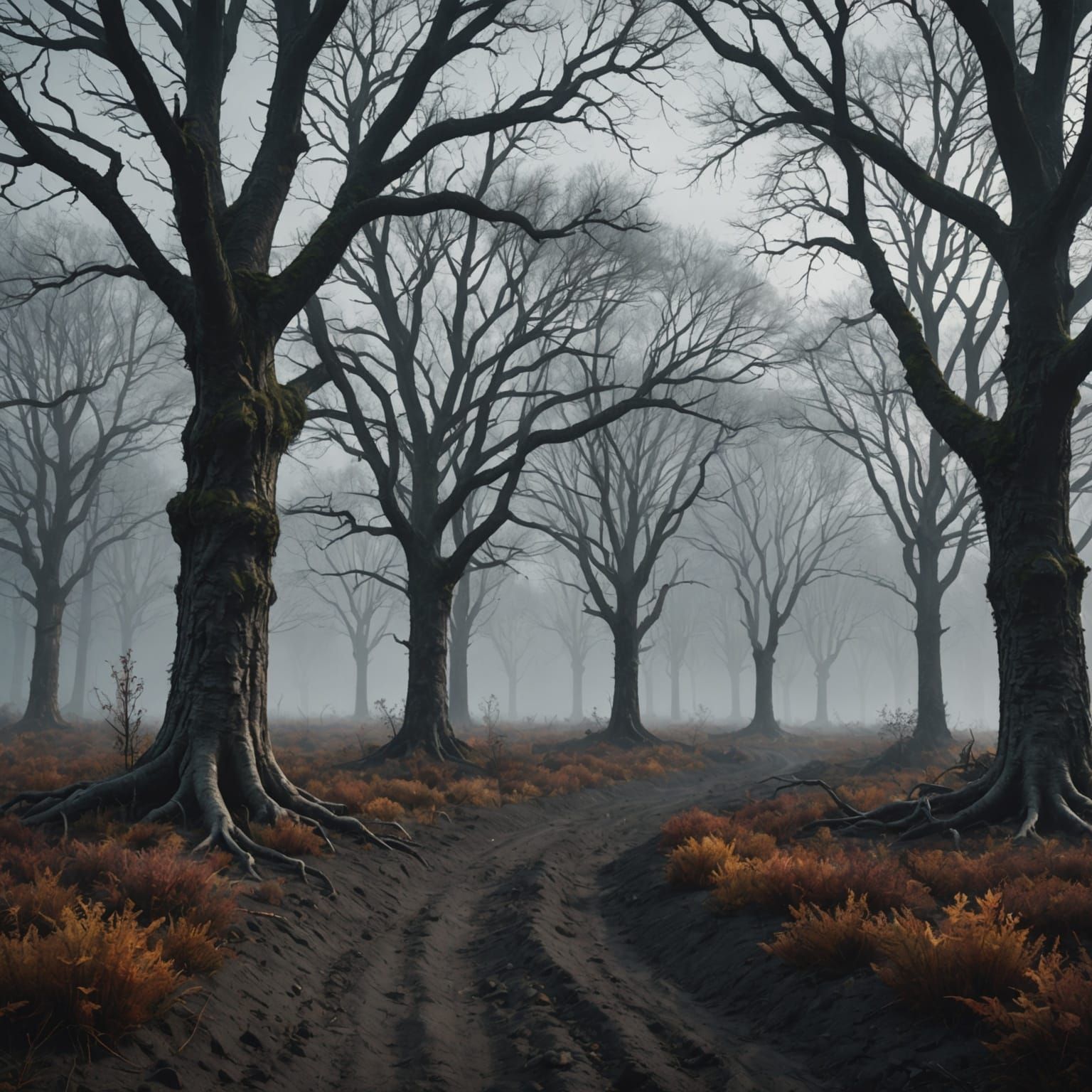 Foggy Landscape with Bare Trees: Matte Painting