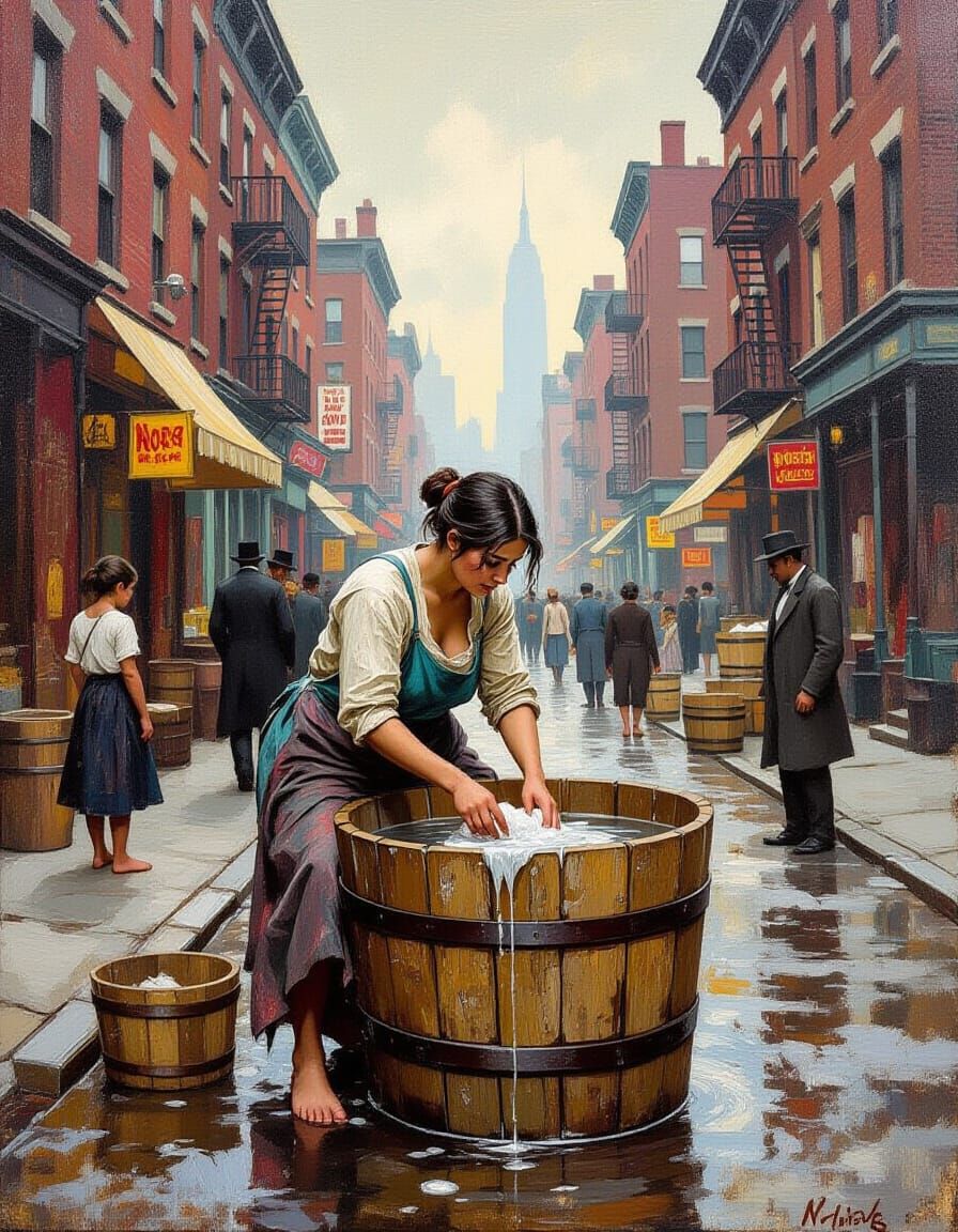 19th Century New York City Street, Impasto Oil Painting