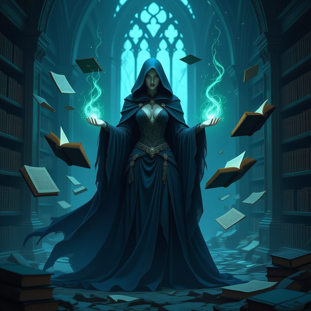 Sorceress in Ruined Library with Floating Tomes