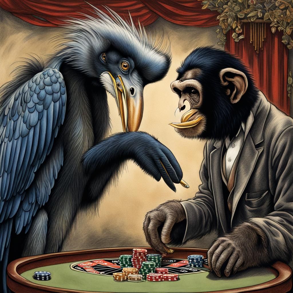a great blue heron and a female chimpanzee playing roulette