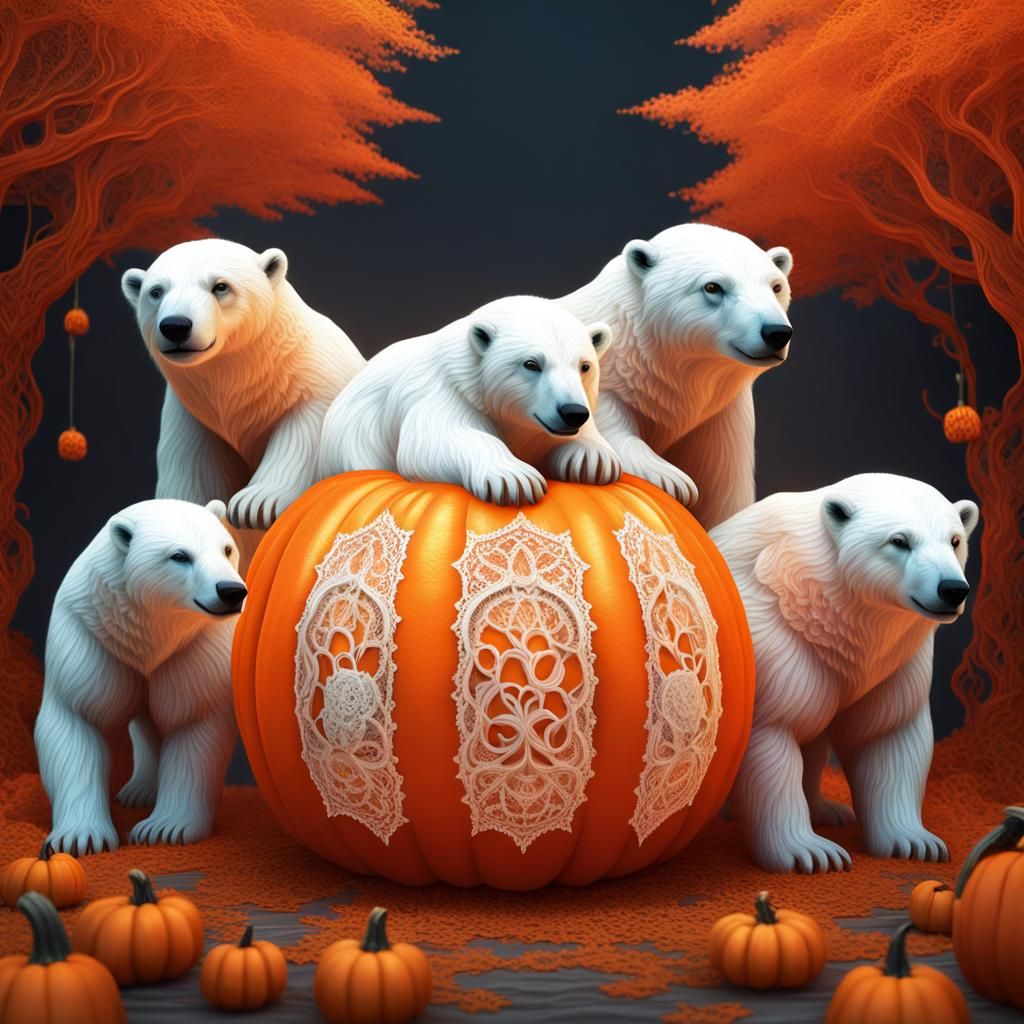 white little polar bear gang  playing with  a  pumpkin
