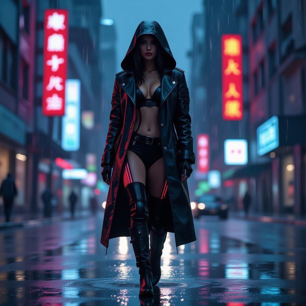 Cyberpunk Woman in Rain with Neon Billboards