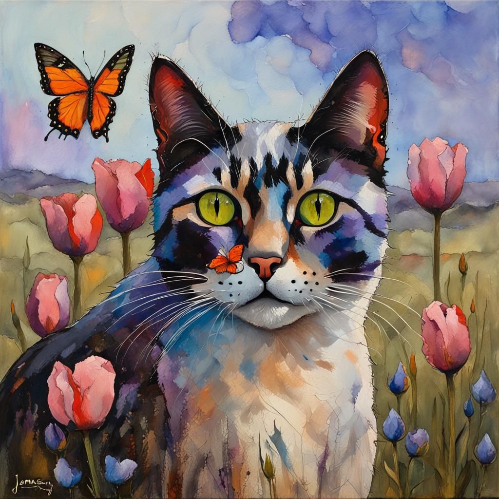 Expressive Cat with Butterfly in Encaustic Garden