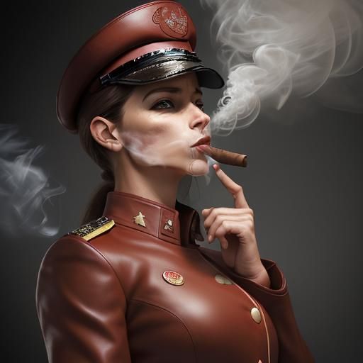 Female Officer Smoking Cigar in Red Leather Uniform