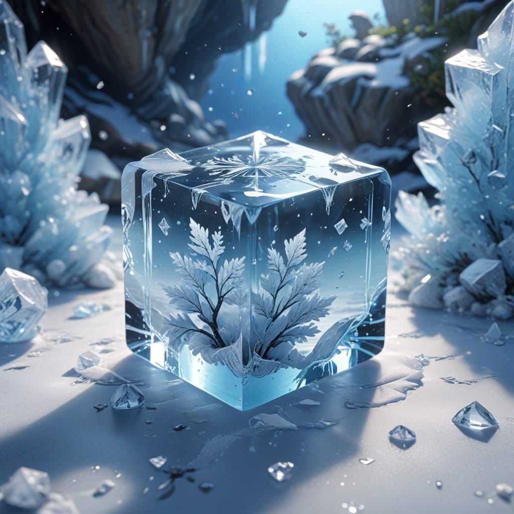 Cryogenic 3D Anime Art of Icy Cube in Frozen Vortex