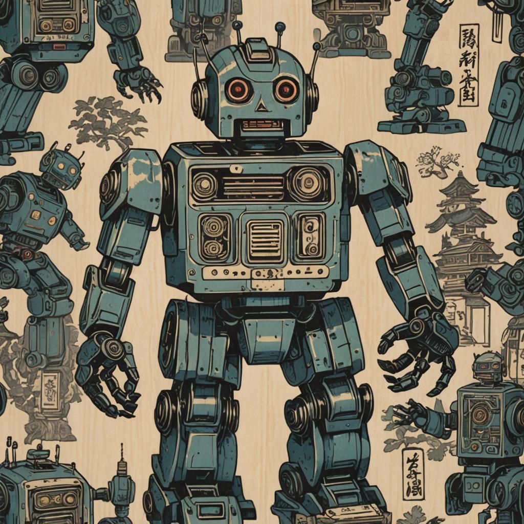 Robot in Japanese Woodblock Print Style