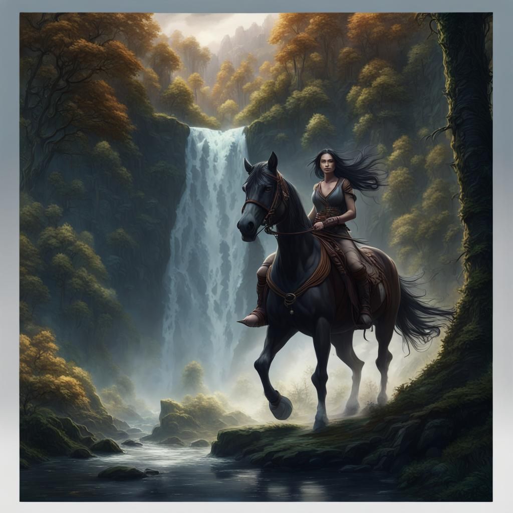 Woman on Horseback Approaching Waterfall: Fantasy Concept Ar...