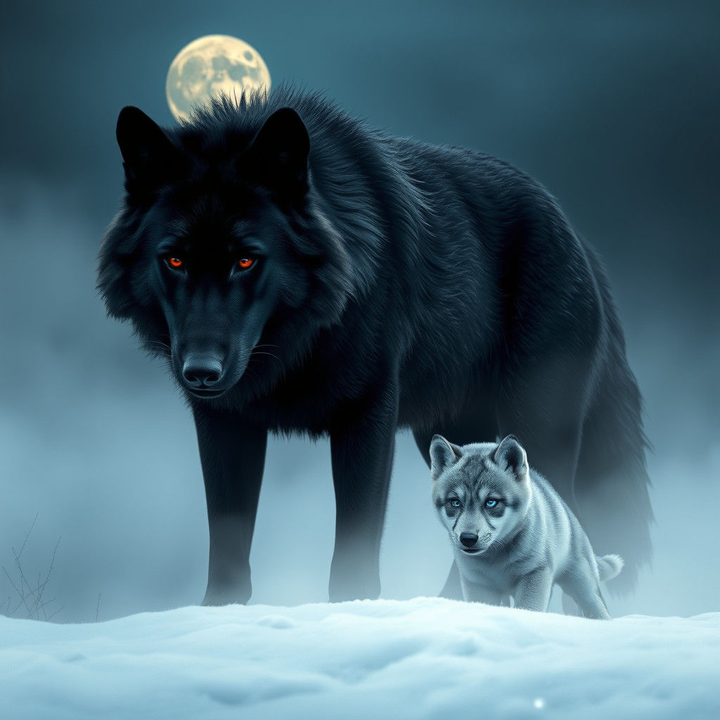 Wolf and Pup in Moonlit Clearing