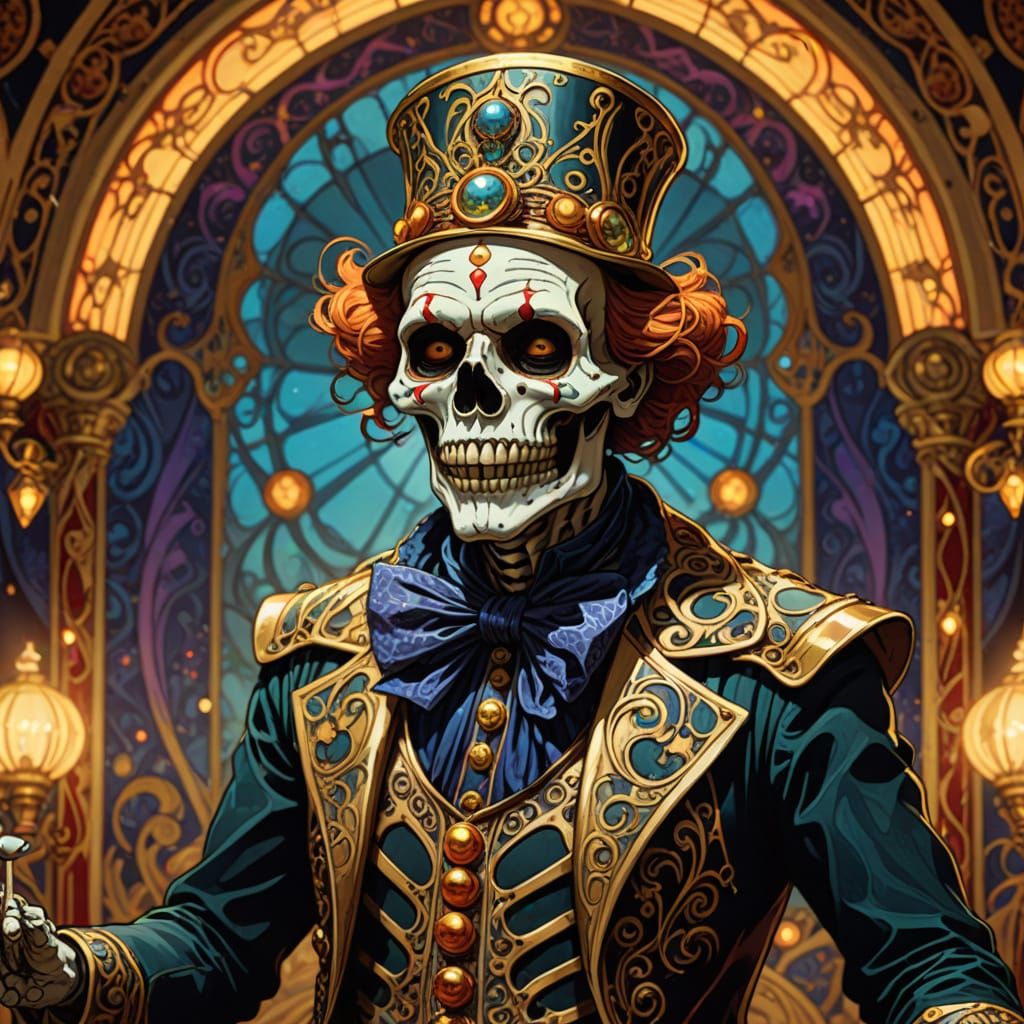 Skeleton Clown in Magic Circus, Art Nouveau Style