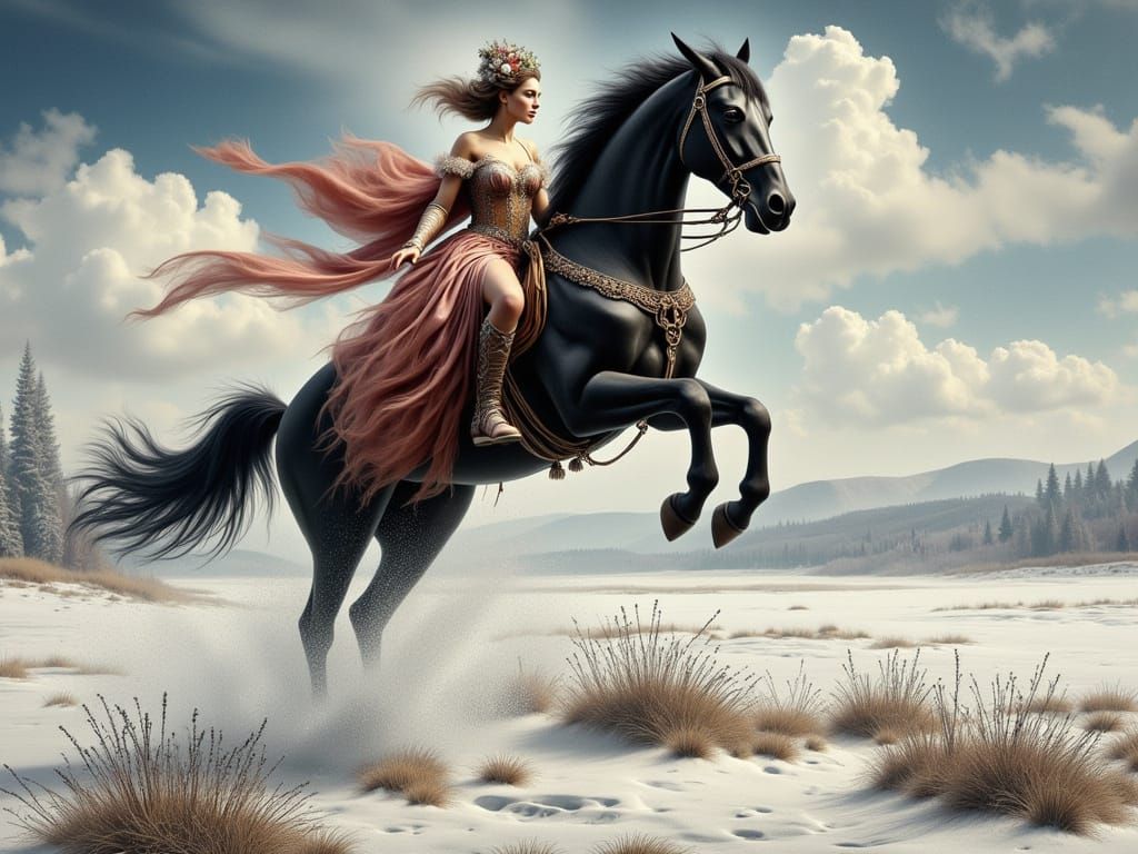 Medieval Woman Leaps Horse Over Ice Obstacle in Snowy Landsc...