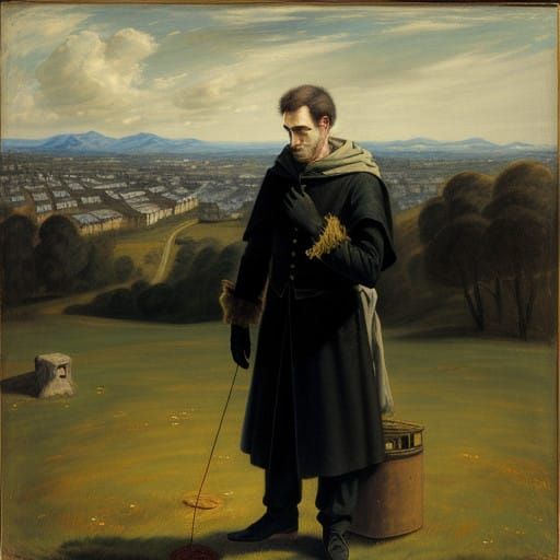 Man Standing on Hill in Solitude, Beside a Lonely String