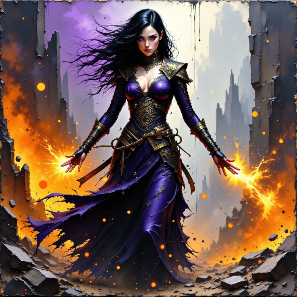 Furious Sorceress Unleashes Magic in a War Zone