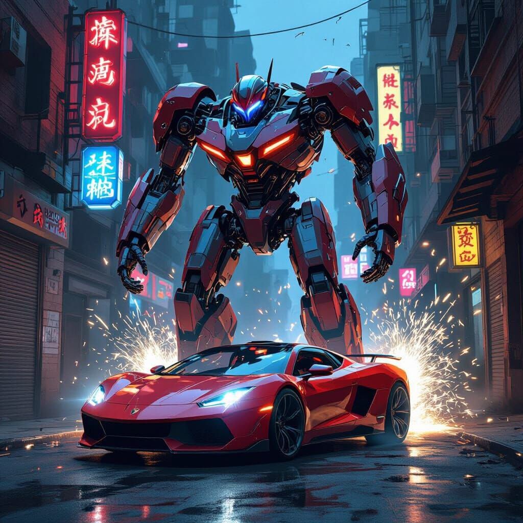 Red Sports Car Transforms Into Robot in Neon Alleyway