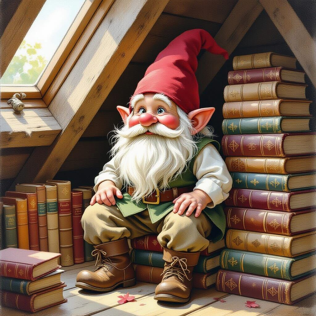 Whimsical Gnome in Attic Reading Antique Books