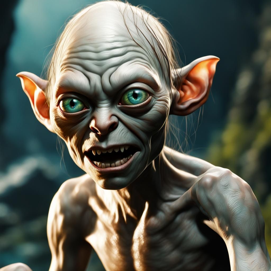 Hyperrealistic Gollum Portrait with Colorful Background