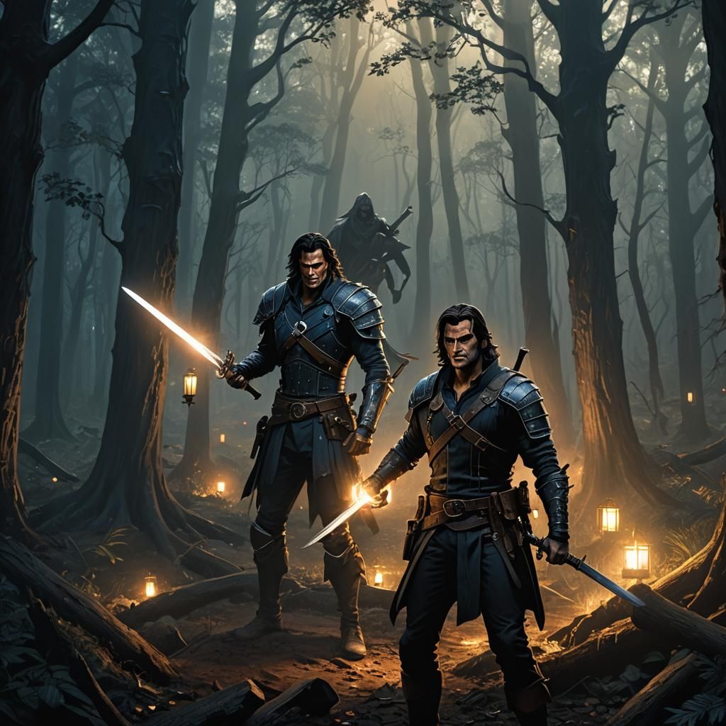 Rogue with Sword in Mystical Forest, Fantasy Art