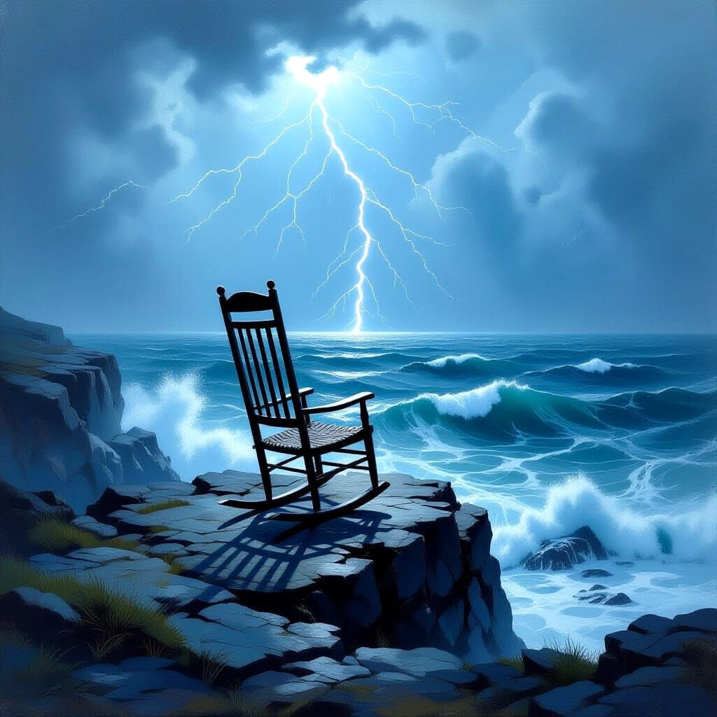 Dramatic Seascape: Rocking Chair on Stormy Cliff