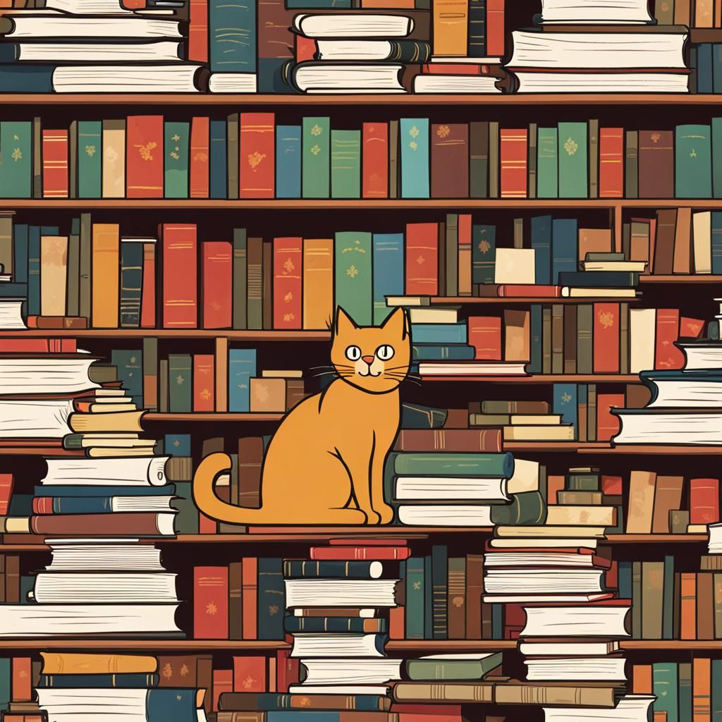 Book Hoarding Cat in a Library