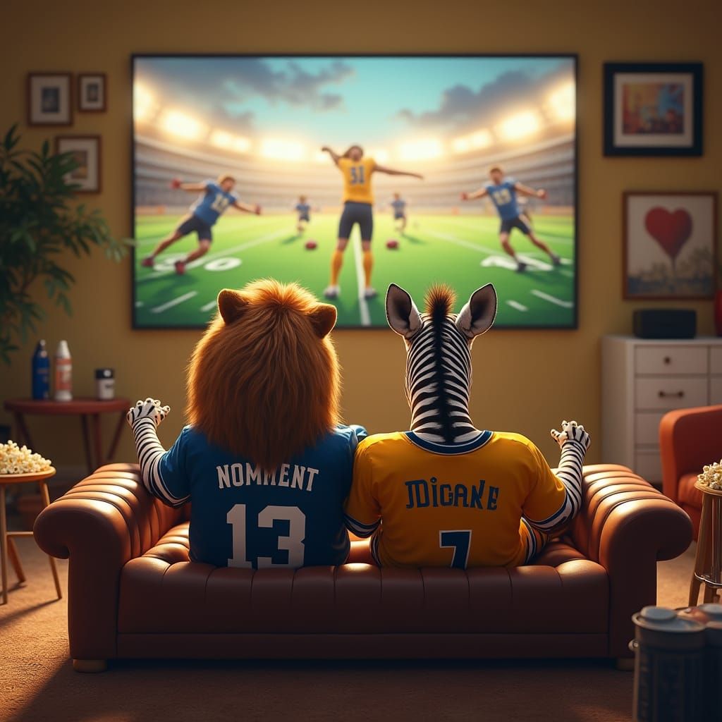 Lion and Zebra Watch Football Game in Modern Living Room