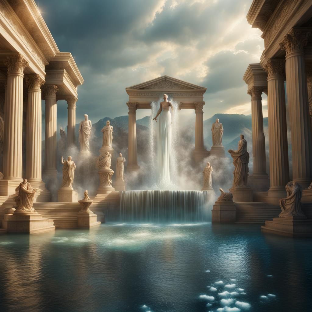 Cinematic fantasy landscape with lustrous gushing water fountain, detailed realistic Greek statues surrounding the outsi...